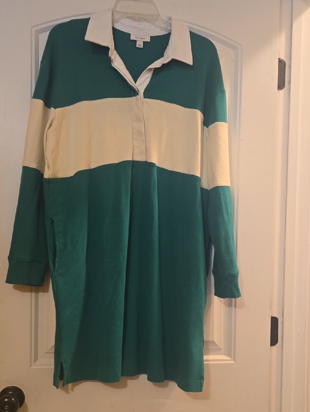 Green and Cream Long Sleeve Dress